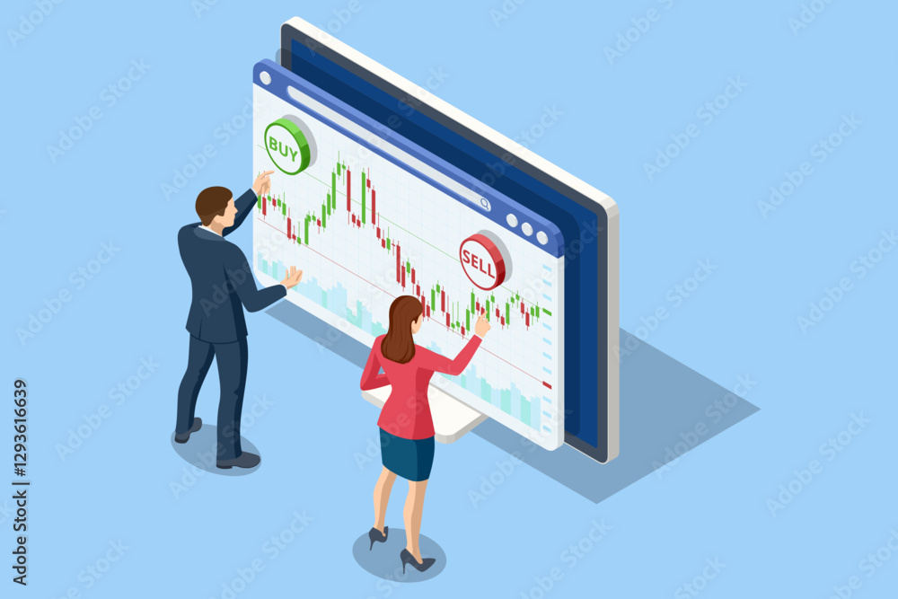 Poster isometric vector of traders interacting with a large digital financial interface on a computer, maki