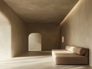 A long room with a couch in the middle. The couch is brown and has pillows on it