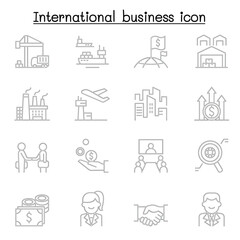 International business icons set in thin line style