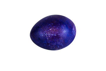 Vibrant purple violet easter egg with  glowing shell pattern, isolated on white background. Color contrast, creativity, holiday decoration, creativity, symbolism of rebirth. Copy space. Selective focu