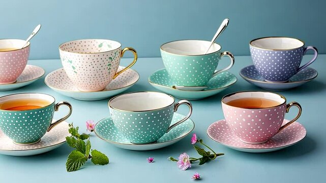 Colorful Tea Sets: A delightful assortment of pastel-colored tea cups and saucers arranged on a soft blue surface, hinting at the tranquility and enjoyment of a tea party or a relaxing moment.