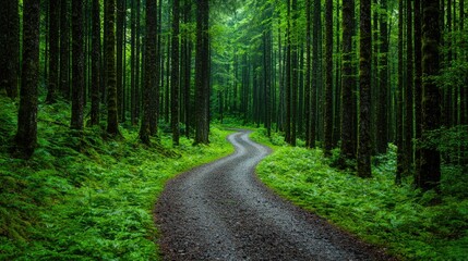 Fototapeta premium Winding Forest Path, Lush Green Trees, Tranquil Scene, Outdoor Photography, Nature Photography