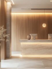 A modern minimalist reception area with warm lighting