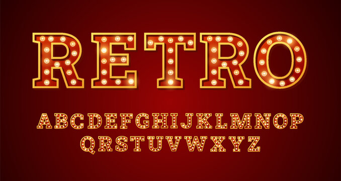 Broadway style retro light bulb font, vintage alphabet lamp letters RETRO word, language uppercase typing vector symbols