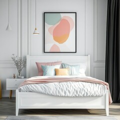 A white bed with pillows is in a bedroom