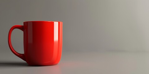 A red mug mockup isolated on a grey background showcasing its left view with subtle reflections and shadows highlighting its glossy finish
