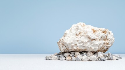 Single white rock on pile of small stones, pastel background, simple design, decorative display, aesthetic still life