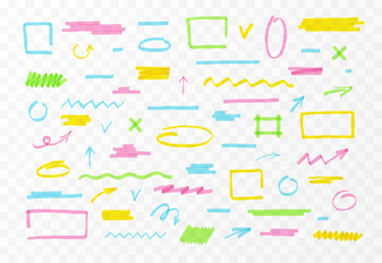 Colorful marker pen or highlighter lines and shapes vector set, transparent brush pen strokes, arrows, geometric shapes