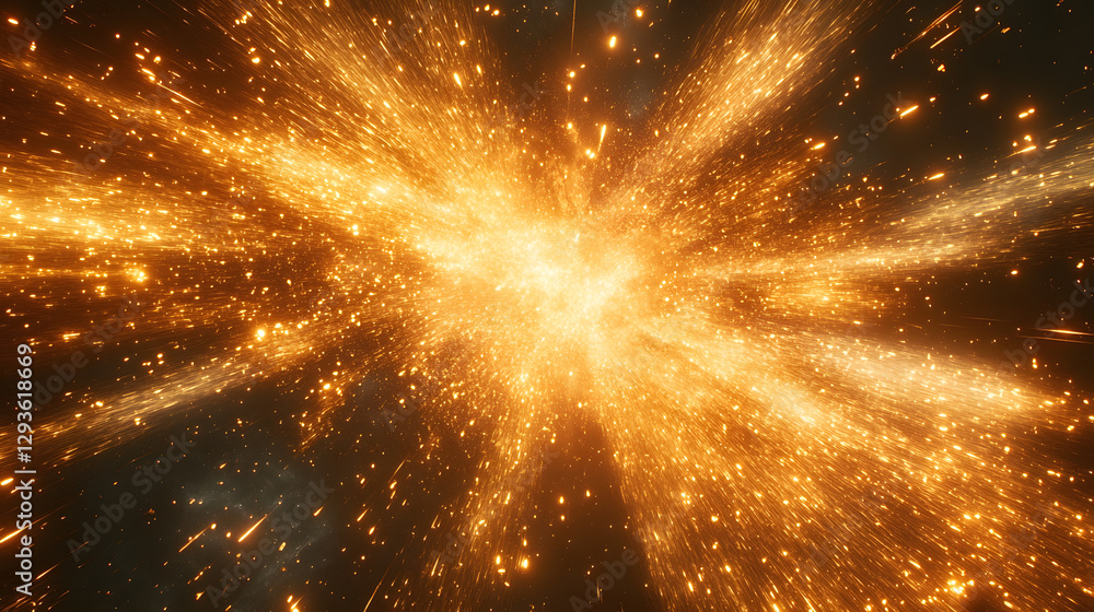 Poster cosmic burst: an abstract, dynamic display of a cosmic burst with a cluster of radiant sparks. the v