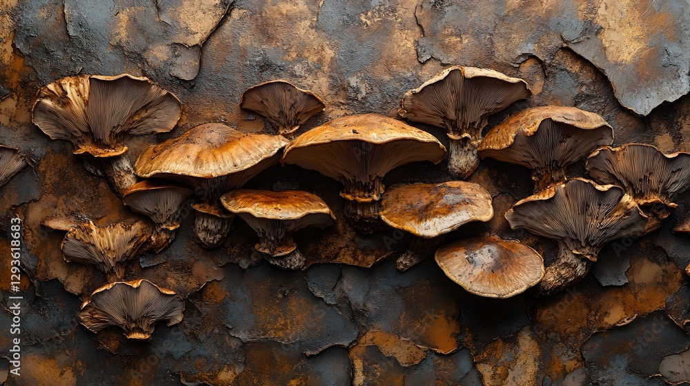 Poster close-up view of a cluster of mushrooms growing on a rustic, textured surface. the mushrooms are var