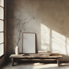 A wooden bench with a white vase and a white frame on it. The vase is empty