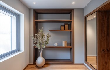 A large shelf with a vase on it. The vase is white and has a green plant in it