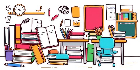 Fototapeta premium Cartoon School Elements in a Whimsical Doodle Style