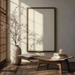 A white framed picture hangs on a wall. A vase with flowers sits on a table. A bench is placed in front of the picture. A candle is lit on the bench. There are several books on the bench