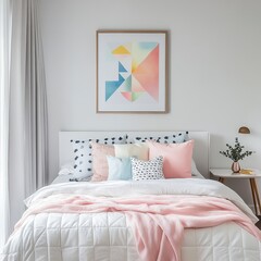 Modern bedroom with a bed and colorful decorative pillows