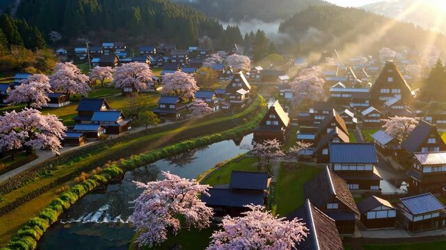 Aerial View of Shirakawa-go in Spring: A Traditional Japanese Village in Full Sakura Bloom