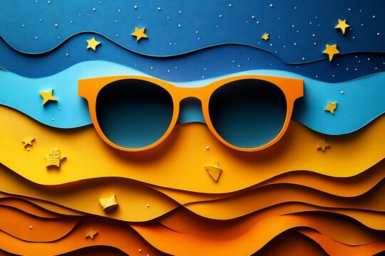 Playful papercutout style showing symbols like sunglasses books sandcastles representing fun and learning balance of summer vacation with open areas for text