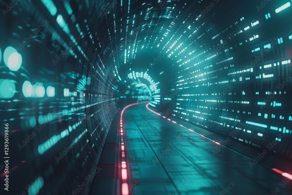 Poster digital data stream of numbers and letters in the dark tunnel with glow, futuristic background for t