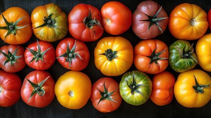 Colorful heirloom tomatoes arranged on dark surface