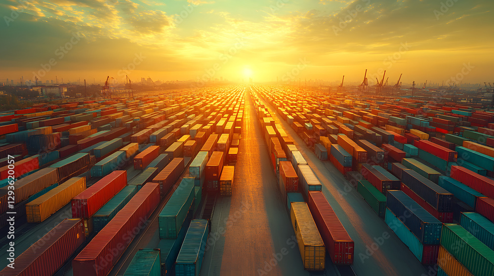 Poster container terminal at sunset: an eye-level shot captures a massive container terminal under a radian