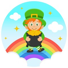 Illustration of a happy leprechaun in a green suit for St. Patrick's Day. Cartoon leprechaun in a big hat stands on a rainbow with gold