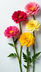 Vibrant ranunculus flowers arranged in a flat lay composition on a white background, nature, floral