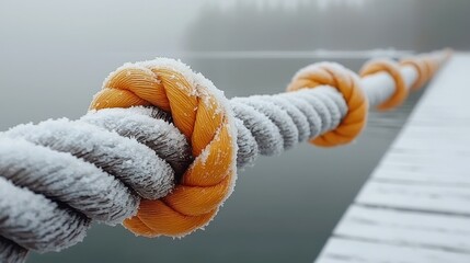 Fototapeta premium Frozen rope knot on snowy dock