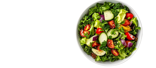 Bowl of salad with parsley pepper and spices seen from above against a white background. with copy space image. Place for adding text or design