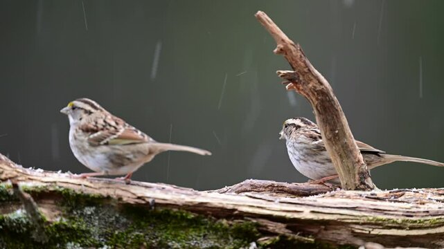 White-throated Sparrows finding food on a log