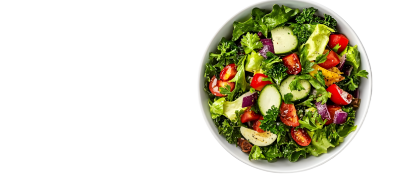 Bowl of salad with parsley pepper and spices seen from above against a white background. with copy space image. Place for adding text or design