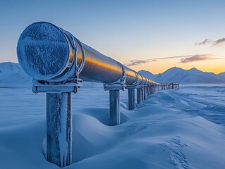 A frozen industrial pipeline travels across a snowy landscape