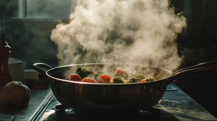  steaming vegetables cooking in a pan healthy food preparation eat eat hot meal diet home
