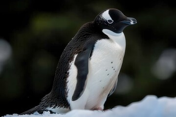 Obraz premium A solitary penguin stands on a snowy surface, showcasing its distinctive black and white feathers against a blurred green background.