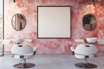 Minimalist luxury in a beauty salon with blank frame, rose quartz wall.