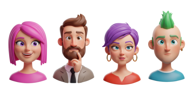 3D illustration of smiling people close up portraits set. Cute cartoon business men and women avatars, multi ethnic male and female characters faces, isolated on white