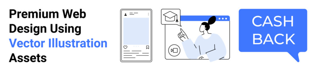 Smartphone interface, woman pointing at diploma, cashback speech bubble. Ideal for web design, marketing, technology, education, e-learning, promotions flat landing page banner