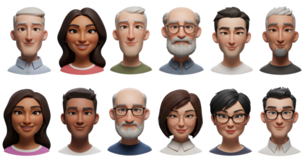 3D illustration of smiling people close up portraits set. Cute cartoon business men and women avatars, multi ethnic male and female characters faces, isolated on white