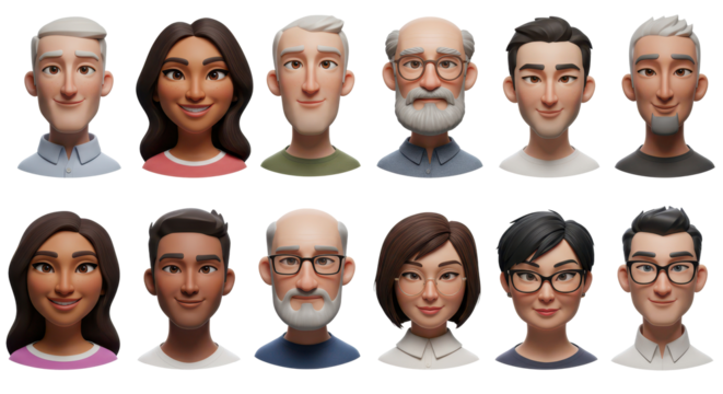 3D illustration of smiling people close up portraits set. Cute cartoon business men and women avatars, multi ethnic male and female characters faces, isolated on white