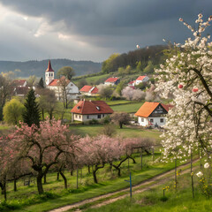 spring blooming trees in village