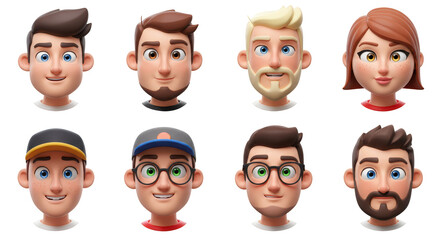3D illustration of smiling people close up portraits set. Cute cartoon business men and women avatars, multi ethnic male and female characters faces, isolated on white
