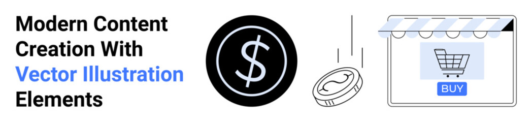 Large dollar sign graphic, falling coin, online shopping cart interface. Ideal for e-commerce, digital payment, shopping platforms, online sales, finance marketing economic growth. Perfect for flat