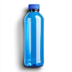 Naklejka premium A blue plastic water bottle with a sleek black cap seated on a bright surface ready for outdoor use