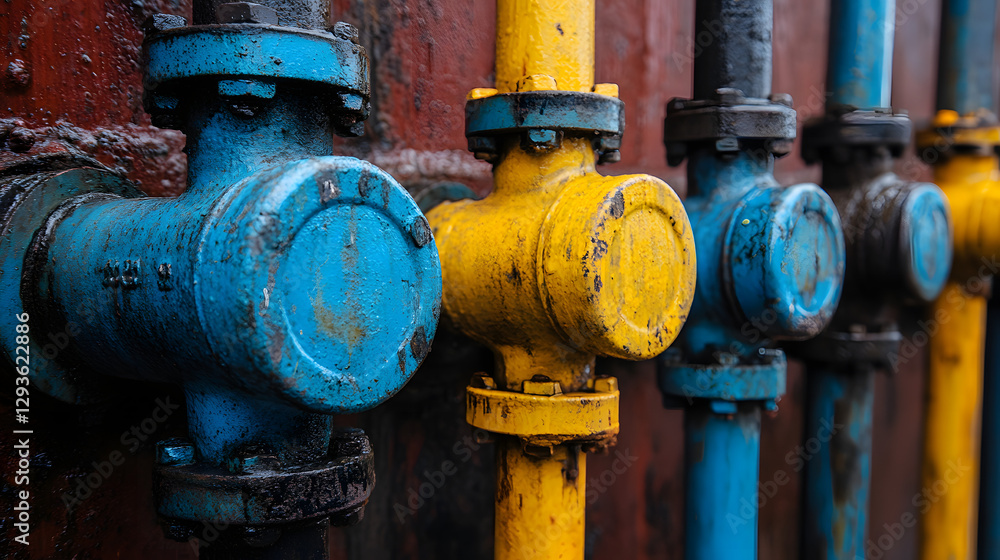 Poster industrial pipes & valves: an array of colorful industrial pipes and valves, with blue and yellow ac