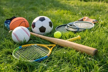 Assorted Sports Equipment on Grass for Outdoor Recreation and Fun Activities in Nature