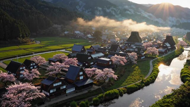 Aerial View of Shirakawa-go in Spring: A Traditional Japanese Village in Full Sakura Bloom