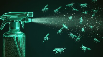 Abstract representation of a spray bottle releasing a mist creating an insect swarm, highlighting pest control and insect repellent themes in a mystical green glow.