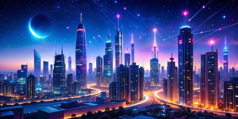 Obraz premium Futuristic Cityscape at Night with Colorful Lights and Stars