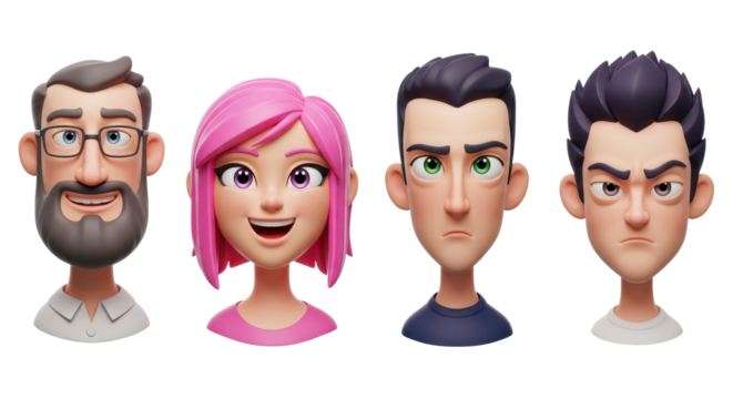 3D illustration of smiling people close up portraits set. Cute cartoon business men and women avatars, multi ethnic male and female characters faces, isolated on white