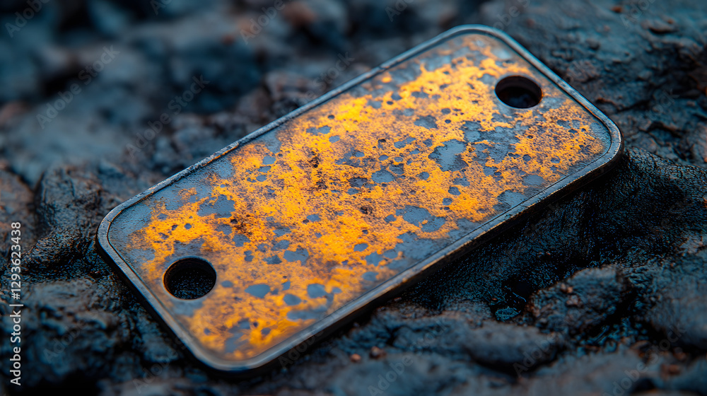Poster weathered gold: a close-up image capturing a small, rectangular metal object, its surface a captivat
