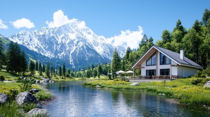 Fototapeta premium Modern mountain chalet by lake, sunny day